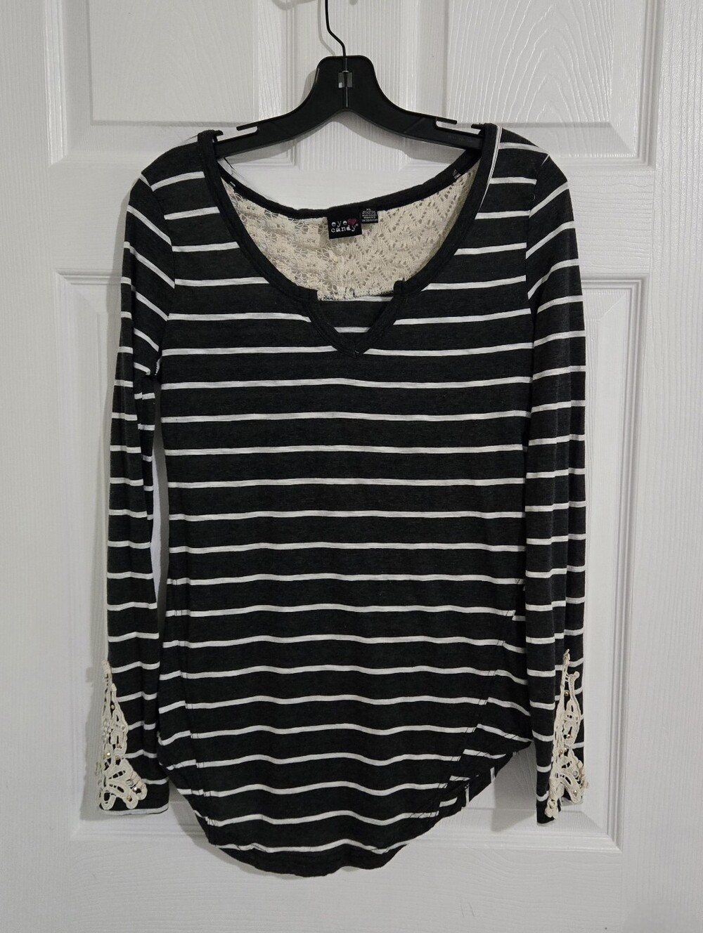 Eye Candy Striped Crochet Lace Tunic Shirt Womens XL Boho Long Sleeve